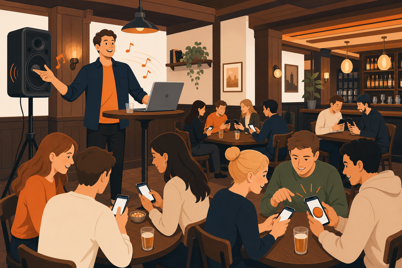 Quizvärd leder pubquiz från laptop medan lag svarar via mobilen